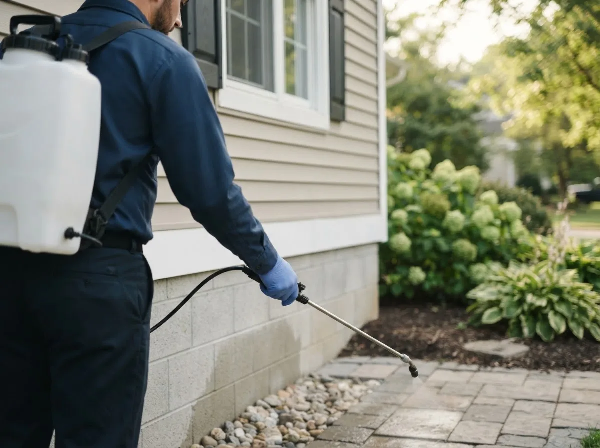 Pest control technician inspecting a home in Farber, MO
